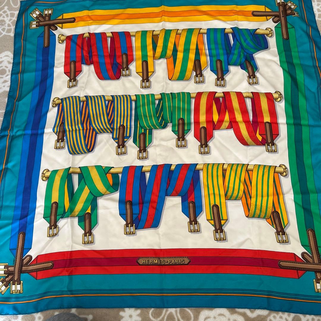 Hermès Sangles Carré 90 Silk Twill Scarf, Striped Saddle Girths on White and Turquoise, view 1
