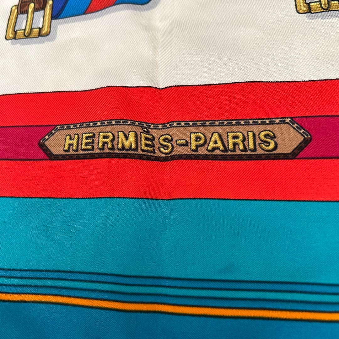 Hermès Sangles Carré 90 Silk Twill Scarf, Striped Saddle Girths on White and Turquoise, view 2