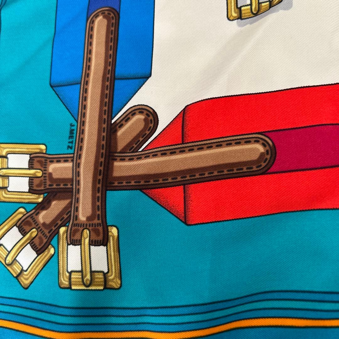 Hermès Sangles Carré 90 Silk Twill Scarf, Striped Saddle Girths on White and Turquoise, view 3