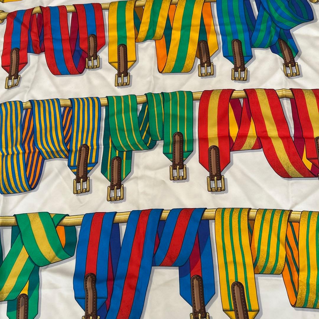 Hermès Sangles Carré 90 Silk Twill Scarf, Striped Saddle Girths on White and Turquoise, view 4