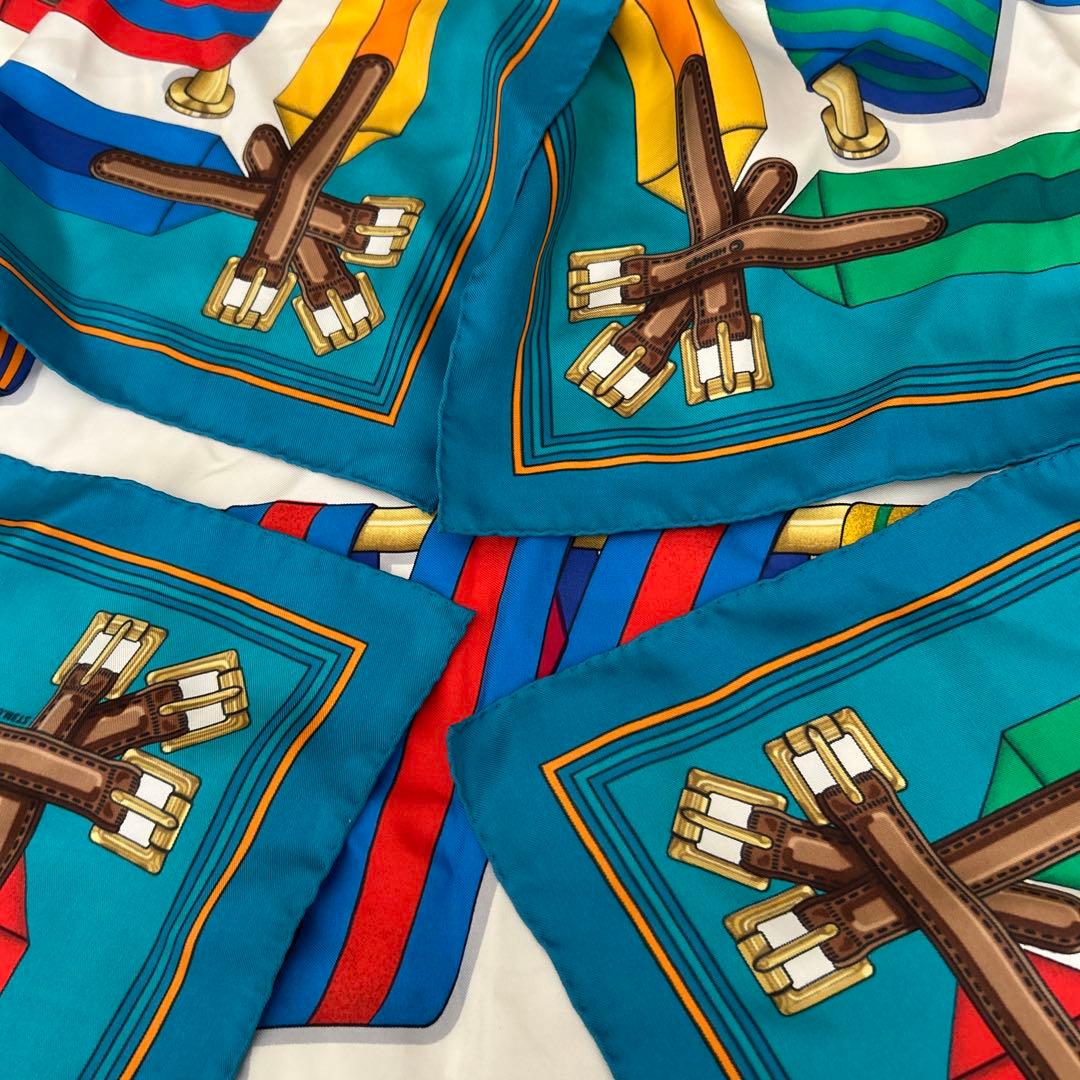 Hermès Sangles Carré 90 Silk Twill Scarf, Striped Saddle Girths on White and Turquoise, view 5