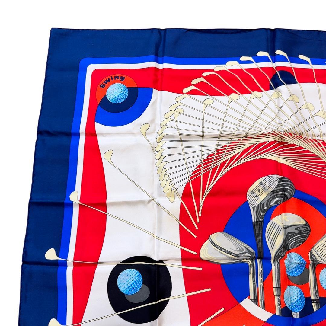 Hermès Swing Carré 90 Silk Twill Golf Scarf, Clubs with Balls in Red, Navy and White, view 1