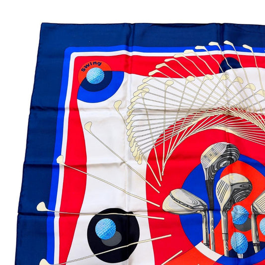 Hermès Swing Carré 90 Silk Twill Golf Scarf, Clubs with Balls in Red, Navy and White, view 1