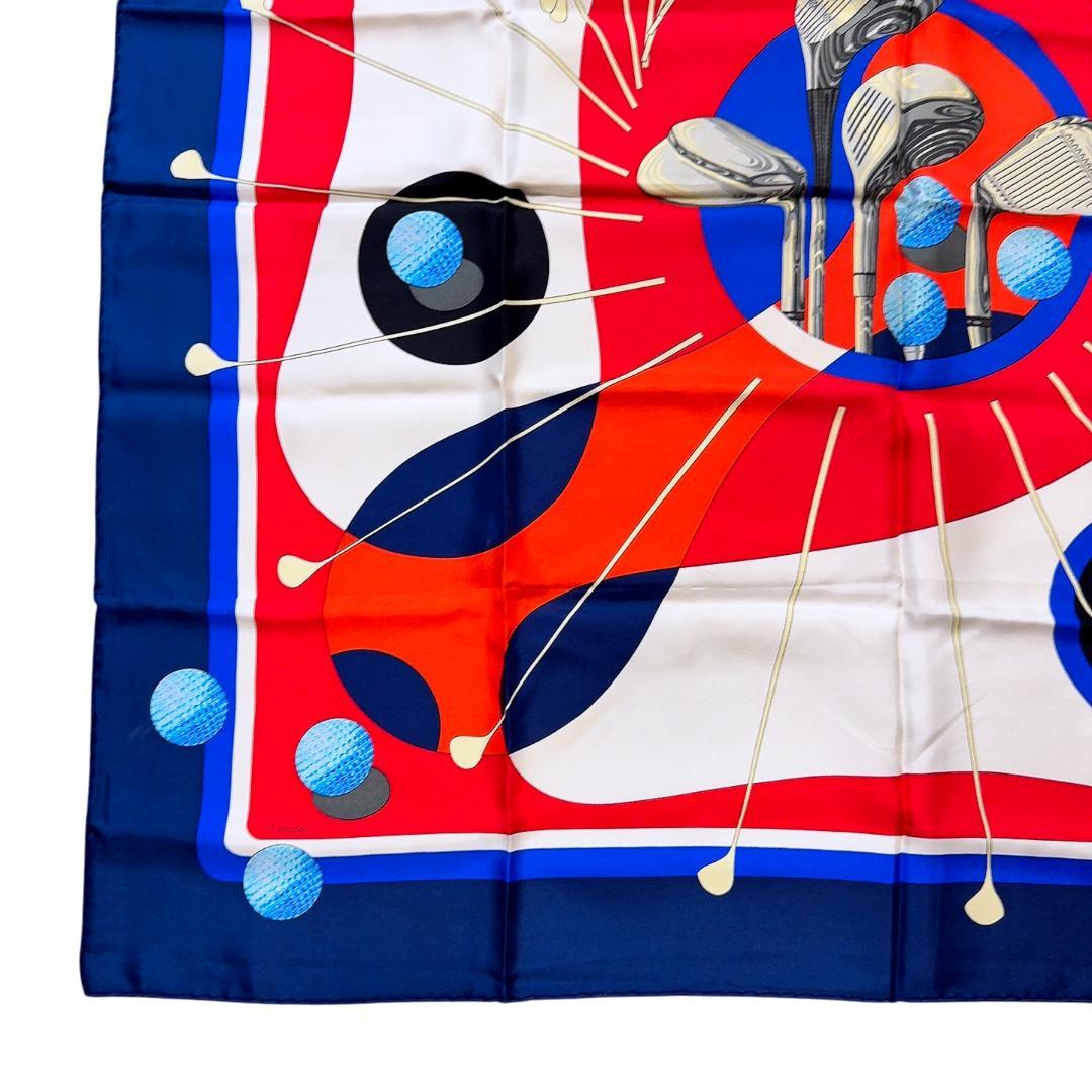 Hermès Swing Carré 90 Silk Twill Golf Scarf, Clubs with Balls in Red, Navy and White, view 2
