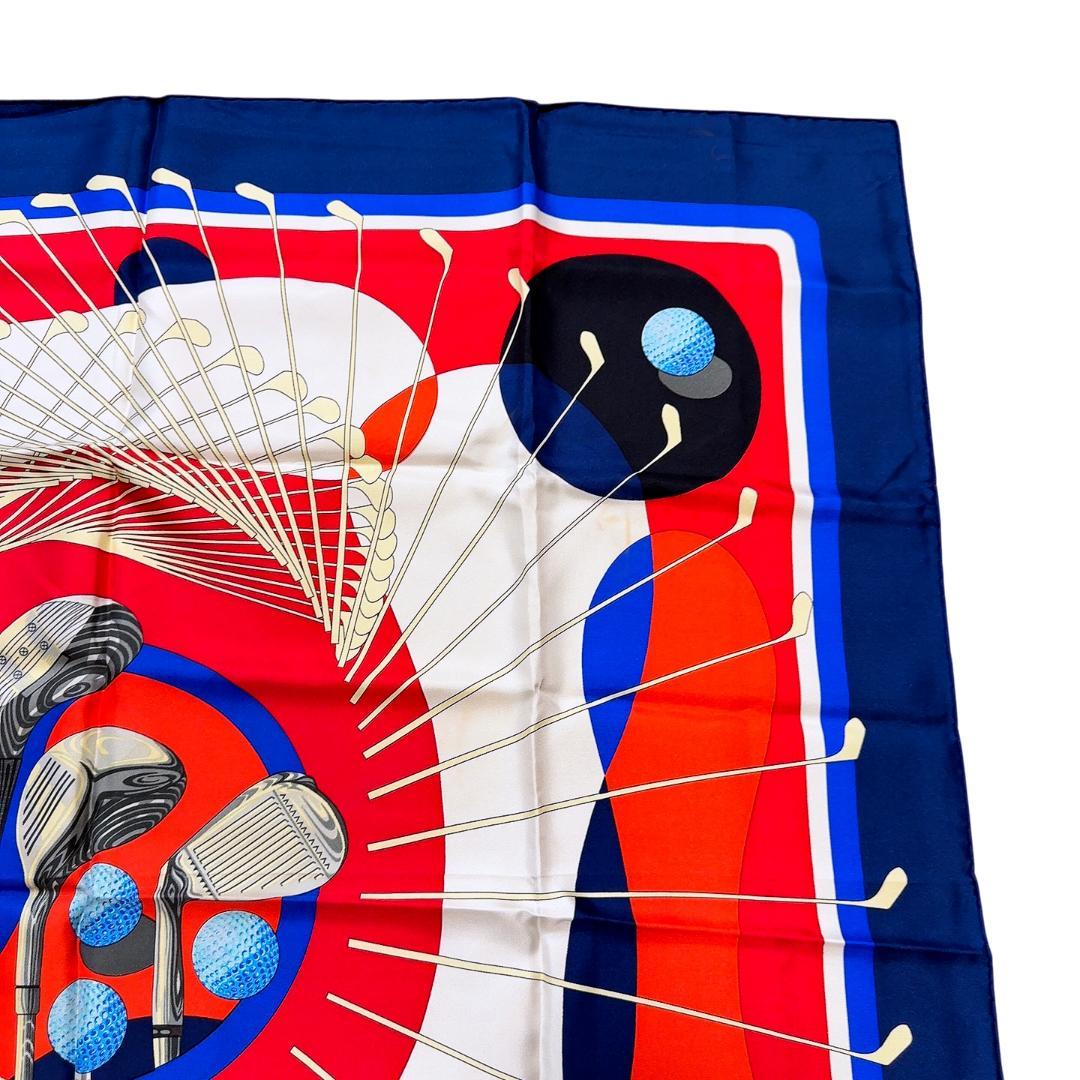 Hermès Swing Carré 90 Silk Twill Golf Scarf, Clubs with Balls in Red, Navy and White, view 3