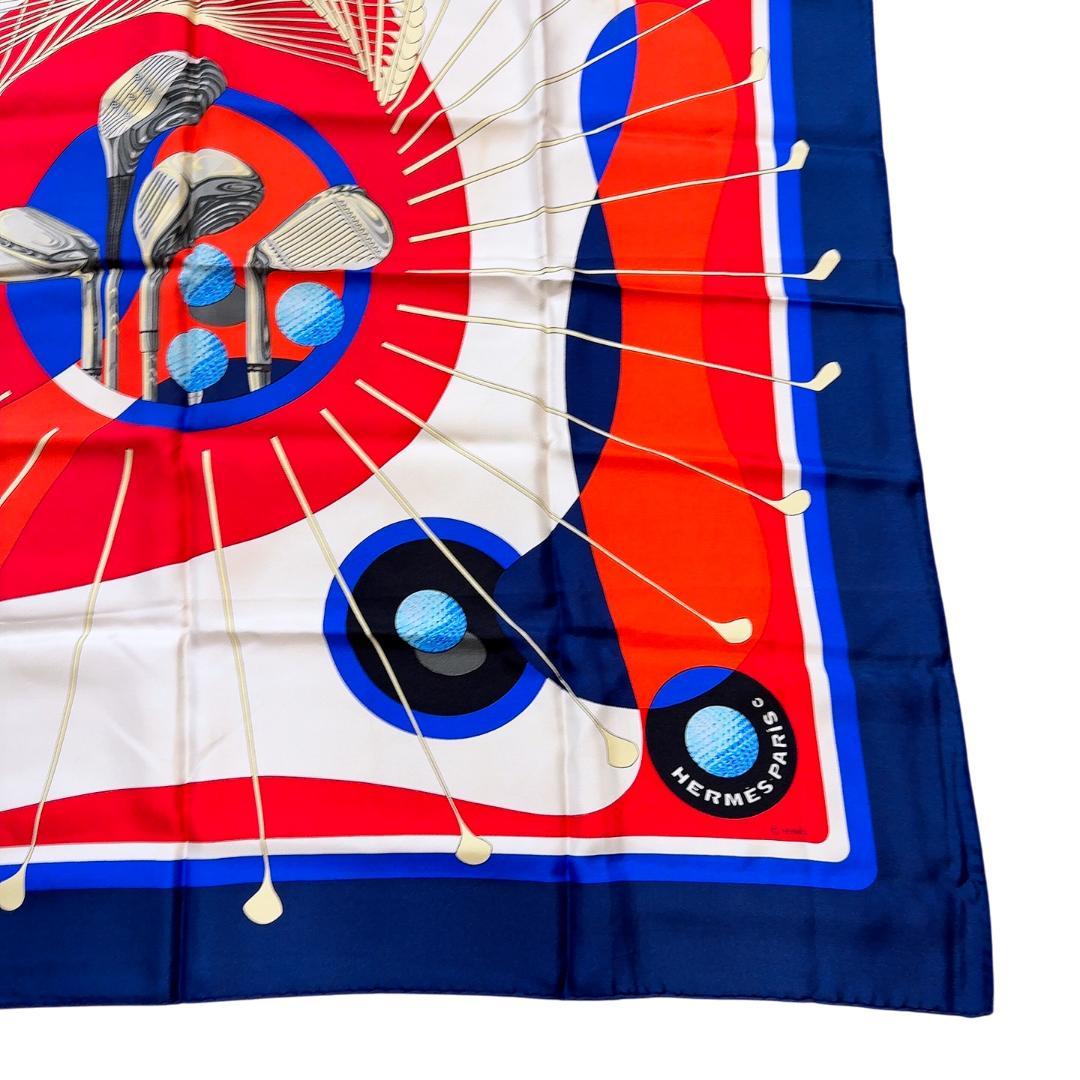 Hermès Swing Carré 90 Silk Twill Golf Scarf, Clubs with Balls in Red, Navy and White, view 4