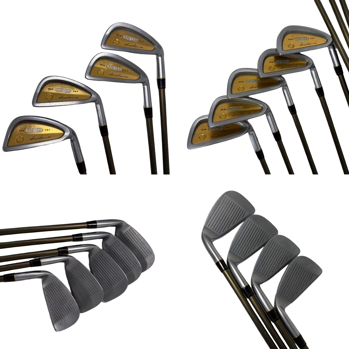 HONMA 24K Gold Coin iron set, 4-Star, 9 clubs 4–11 and SW – club heads in four groups, from behind and in profile