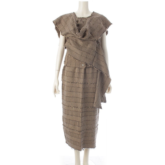 Issey Miyake 1983 Fringed Cotton Three-Piece Ensemble, Wrap Top, Camisole and Long Skirt, Sand and Black Stripe, view 1