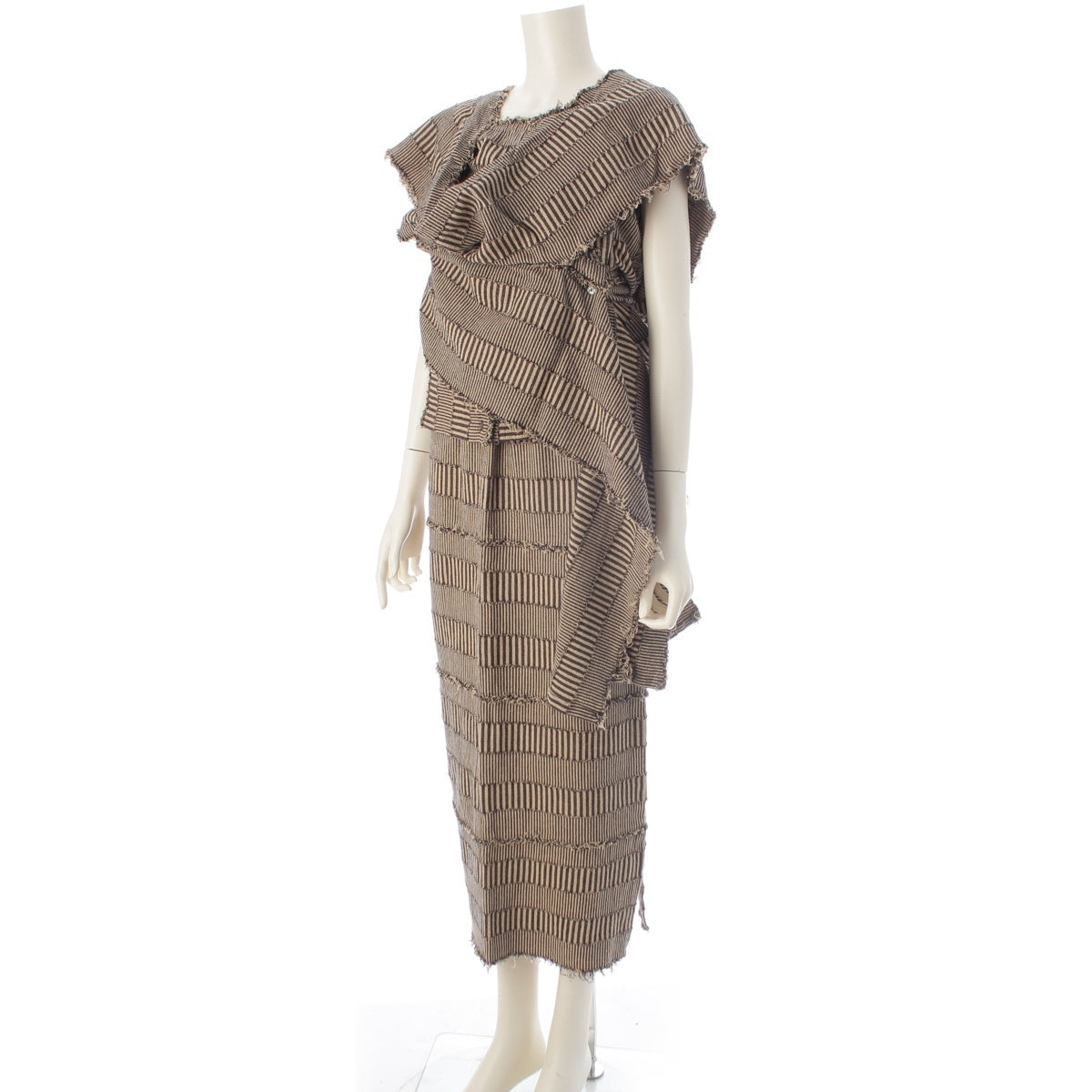 Issey Miyake 1983 Fringed Cotton Three-Piece Ensemble, Wrap Top, Camisole and Long Skirt, Sand and Black Stripe, view 2