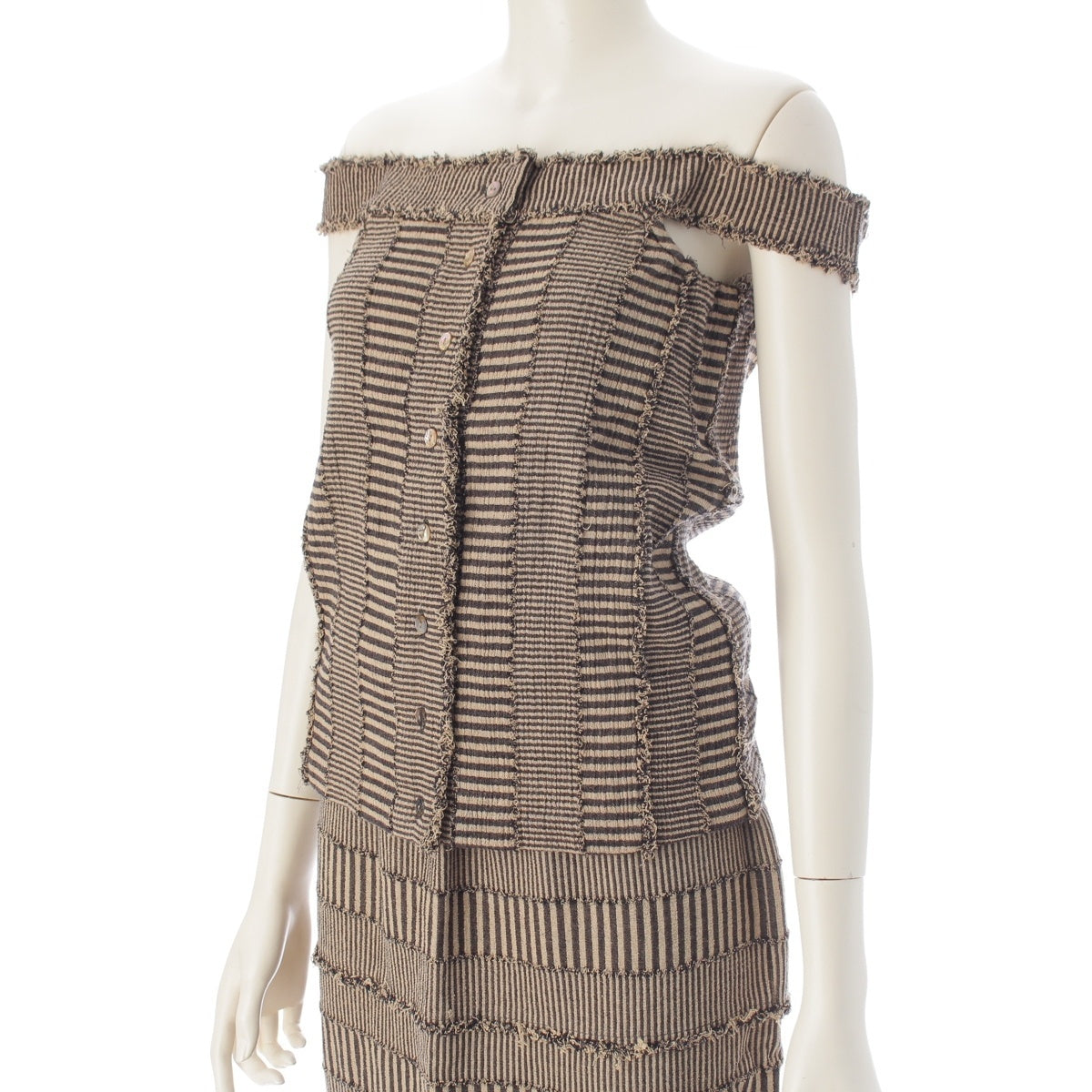 Issey Miyake 1983 Fringed Cotton Three-Piece Ensemble, Wrap Top, Camisole and Long Skirt, Sand and Black Stripe, view 5