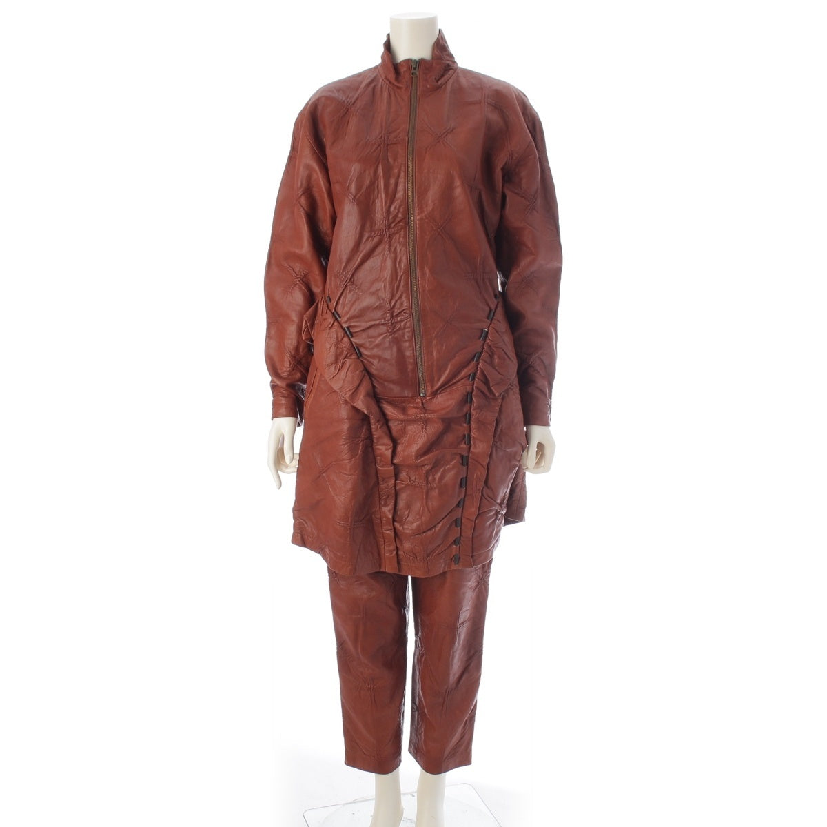 Issey Miyake 1987 Brush Label Leather Three-Piece, Laced Zip Dress, Trousers and Sack Bag, Brown, Size 8, view 1