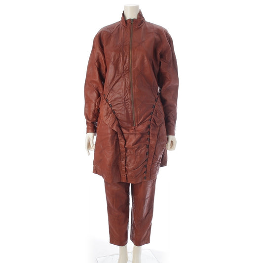 Issey Miyake 1987 Brush Label Leather Three-Piece, Laced Zip Dress, Trousers and Sack Bag, Brown, Size 8, view 1