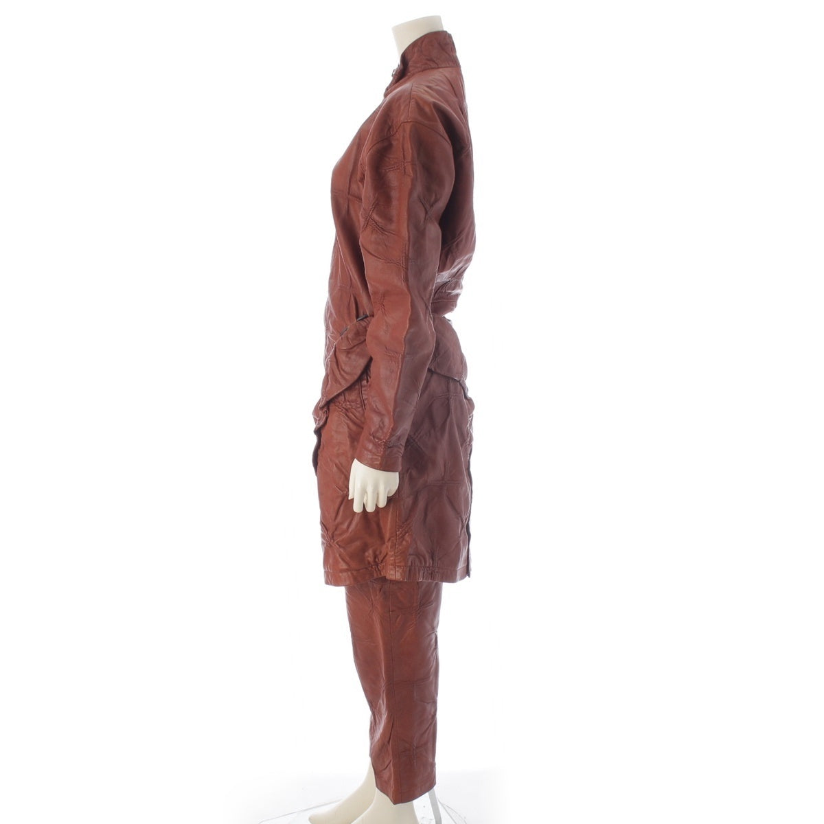 Issey Miyake 1987 Brush Label Leather Three-Piece, Laced Zip Dress, Trousers and Sack Bag, Brown, Size 8, view 3
