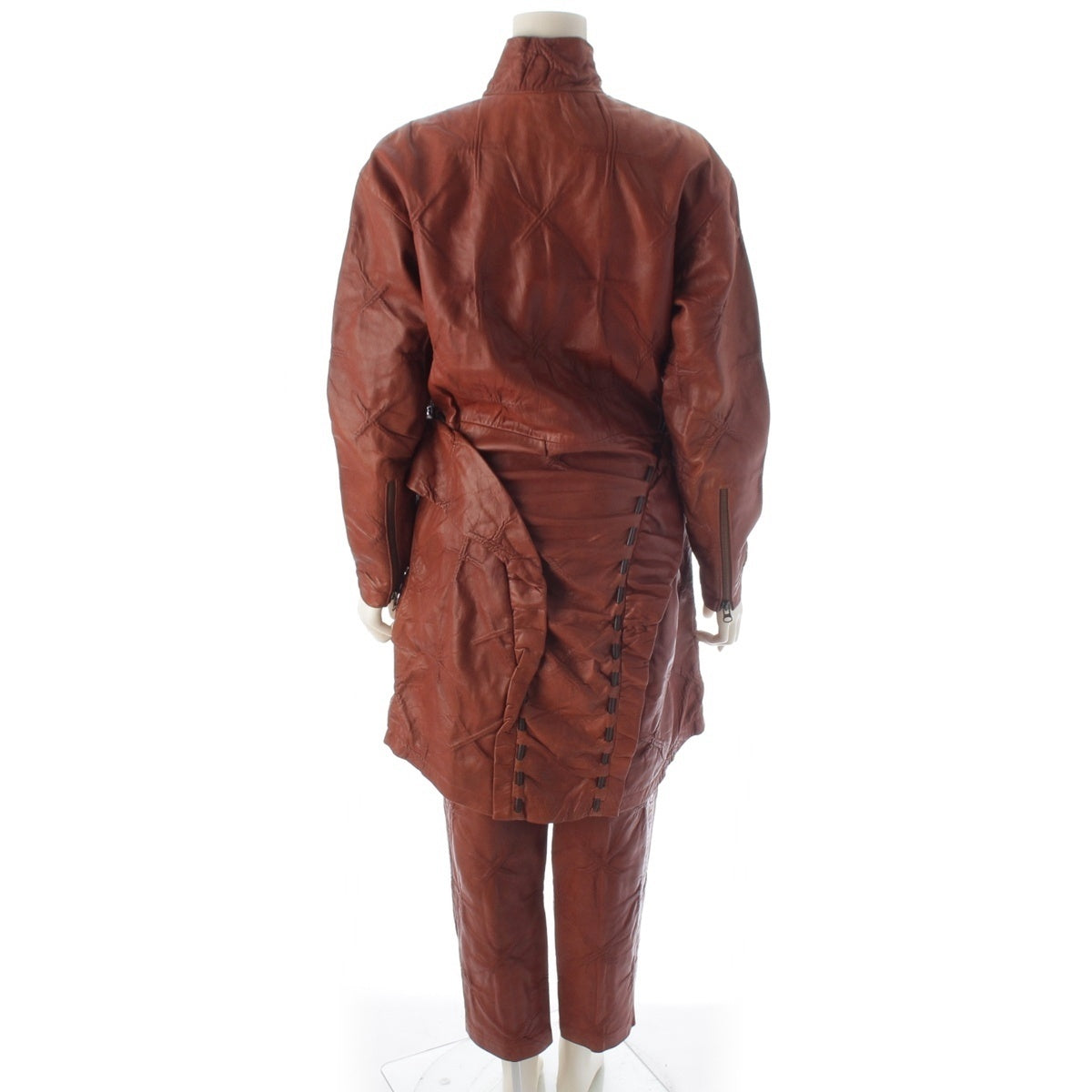 Issey Miyake 1987 Brush Label Leather Three-Piece, Laced Zip Dress, Trousers and Sack Bag, Brown, Size 8, view 4