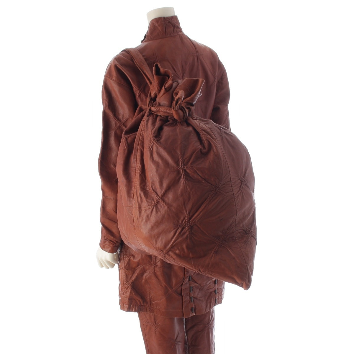 Issey Miyake 1987 Brush Label Leather Three-Piece, Laced Zip Dress, Trousers and Sack Bag, Brown, Size 8, view 5