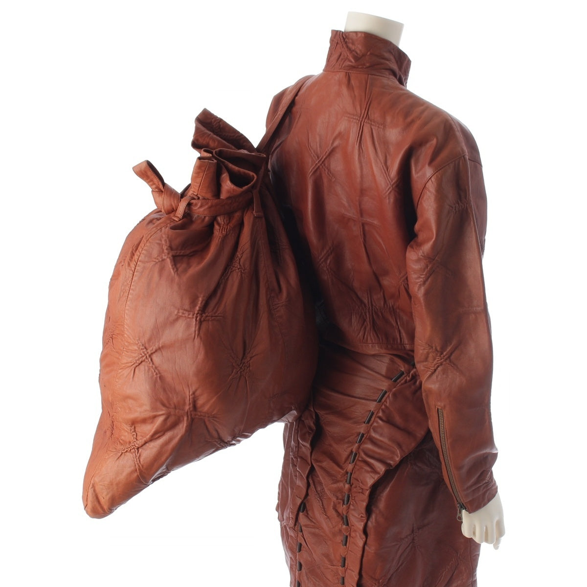 Issey Miyake 1987 Brush Label Leather Three-Piece, Laced Zip Dress, Trousers and Sack Bag, Brown, Size 8, view 6