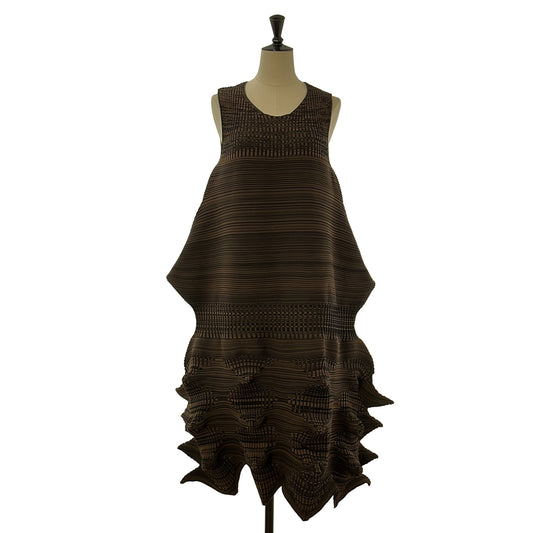 Issey Miyake 2023 LINKAGE 3D Steam Sleeveless Knit Dress IM36-KH793, Brown and Black Stripe, Size 2, view 1