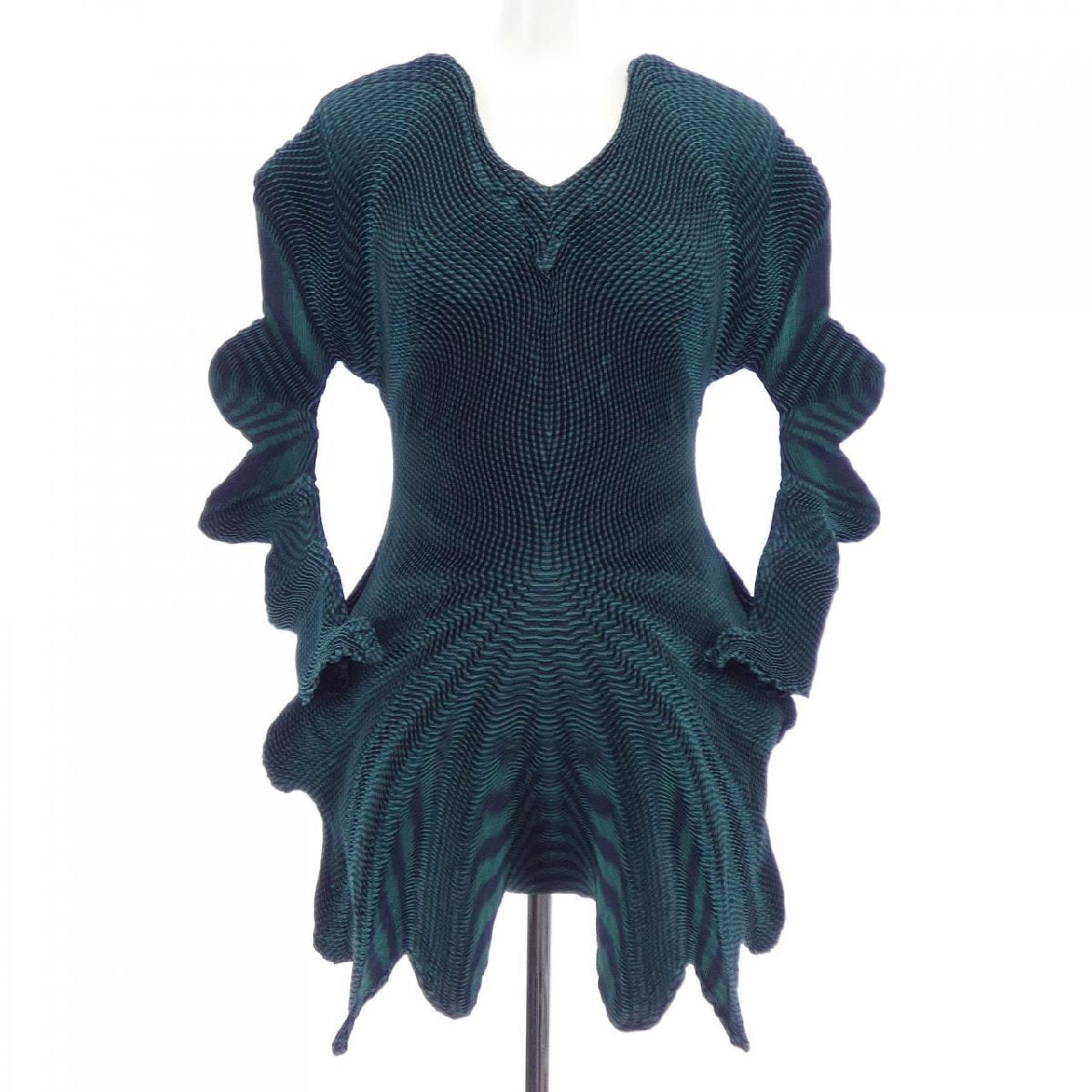 Issey Miyake 3D Steam Stretch Wave Pleated Peplum Top IM74-FJ517, Teal and Black, Size 2, view 1