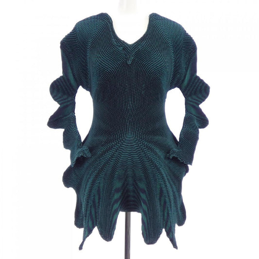 Issey Miyake 3D Steam Stretch Wave Pleated Peplum Top IM74-FJ517, Teal and Black, Size 2, view 1