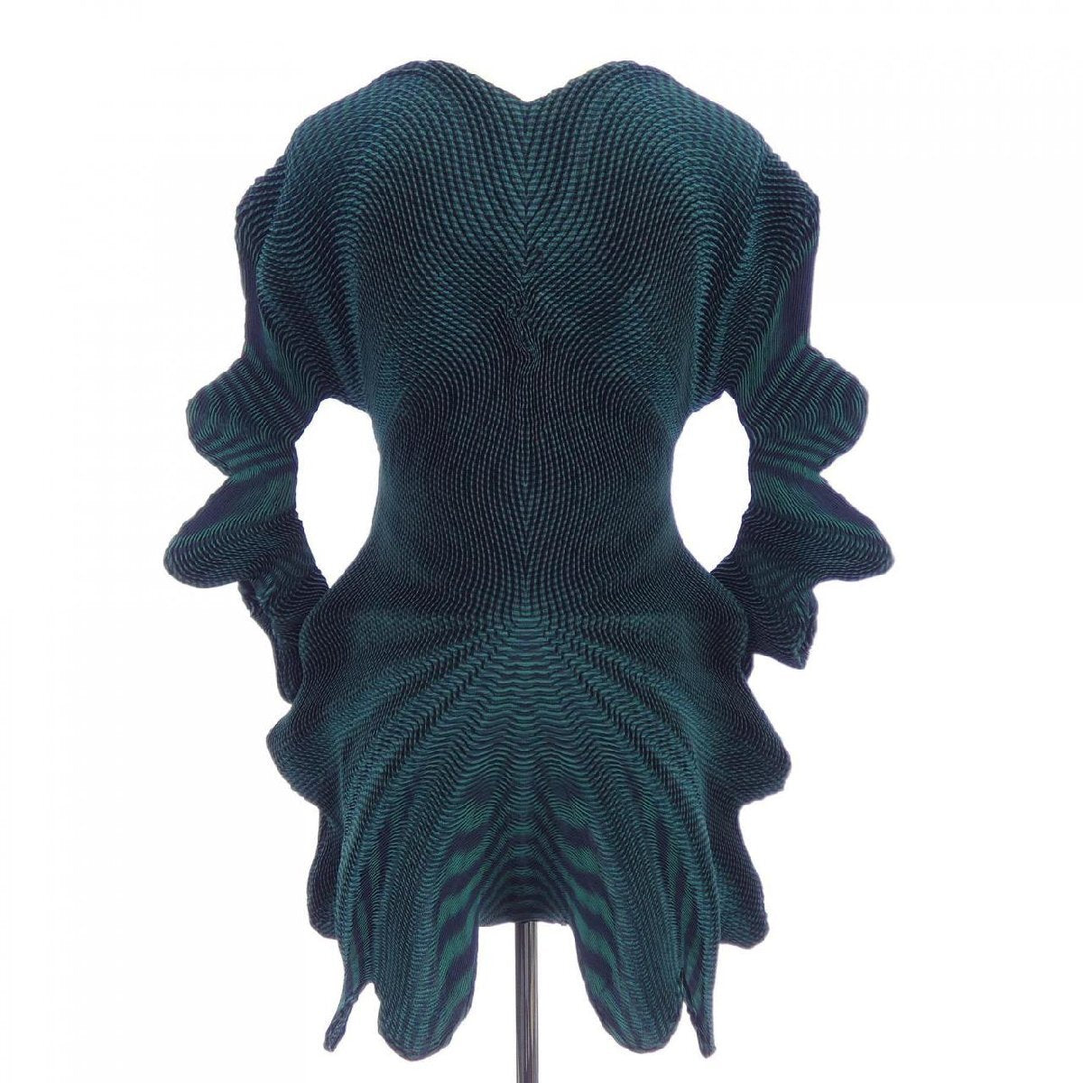 Issey Miyake 3D Steam Stretch Wave Pleated Peplum Top IM74-FJ517, Teal and Black, Size 2, view 2
