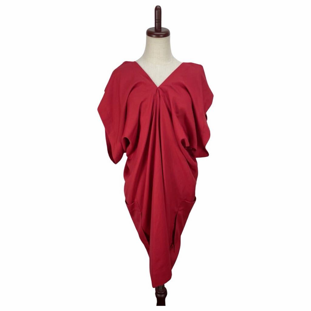 Issey Miyake Draped Red Cocoon Dress with Plunging V-Neck and Winged Sleeves, Size 3, view 1