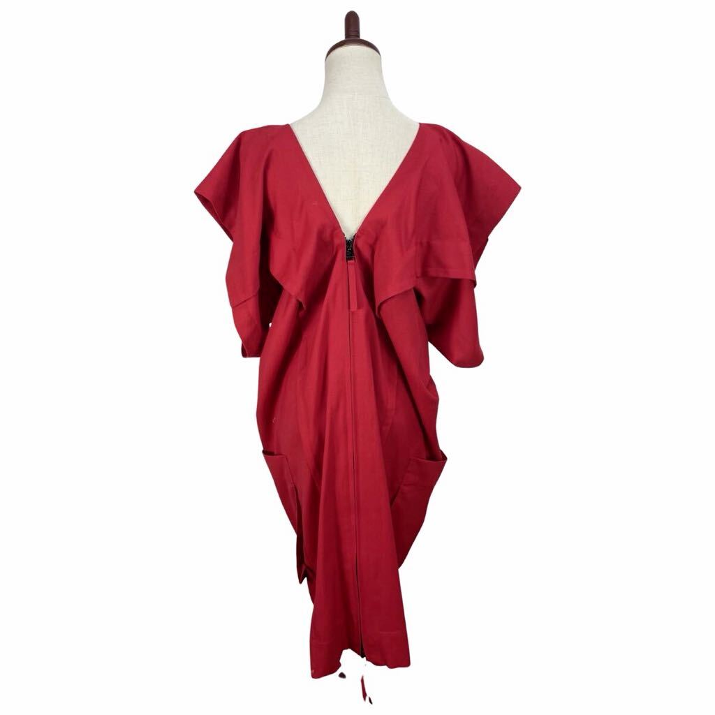 Issey Miyake Draped Red Cocoon Dress with Plunging V-Neck and Winged Sleeves, Size 3, view 2
