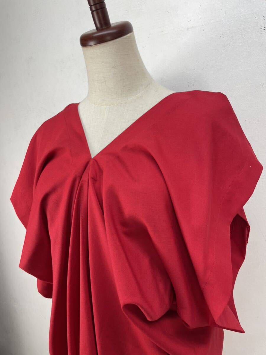 Issey Miyake Draped Red Cocoon Dress with Plunging V-Neck and Winged Sleeves, Size 3, view 3