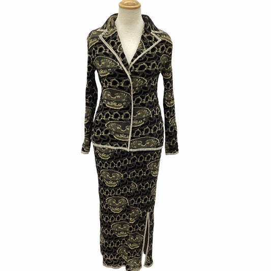 Issey Miyake Fête Pleated Teacup Print Jacket and Skirt Set, Black and Khaki, Size 2, view 1