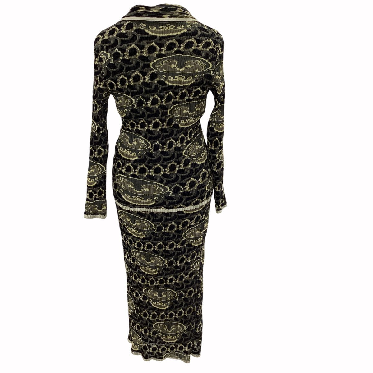 Issey Miyake Fête Pleated Teacup Print Jacket and Skirt Set, Black and Khaki, Size 2, view 2