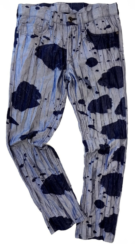 Issey Miyake Men Splatter Print Crinkle-Pressed Denim Jeans, Navy and Pale Blue, Size 2, view 1