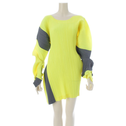 Issey Miyake SS1991 Curved Pleats Runway Dress with Sculpted Sleeves, Neon Yellow and Slate Grey, view 1