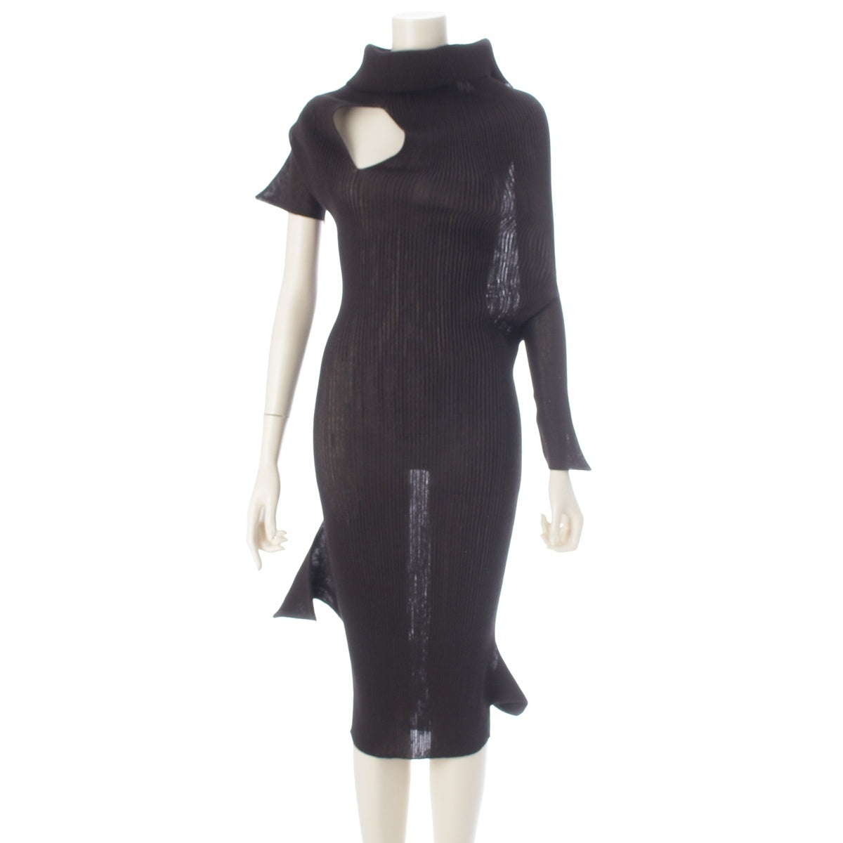 Issey Miyake SS2026 Asymmetric High-Neck Rib Knit Dress with Shoulder Cut-Out IM61-KH792, Dark Brown, Size 2, view 1