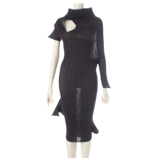 Issey Miyake SS2026 Asymmetric High-Neck Rib Knit Dress with Shoulder Cut-Out IM61-KH792, Dark Brown, Size 2, view 1