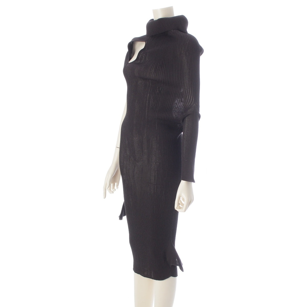 Issey Miyake SS2026 Asymmetric High-Neck Rib Knit Dress with Shoulder Cut-Out IM61-KH792, Dark Brown, Size 2, view 2