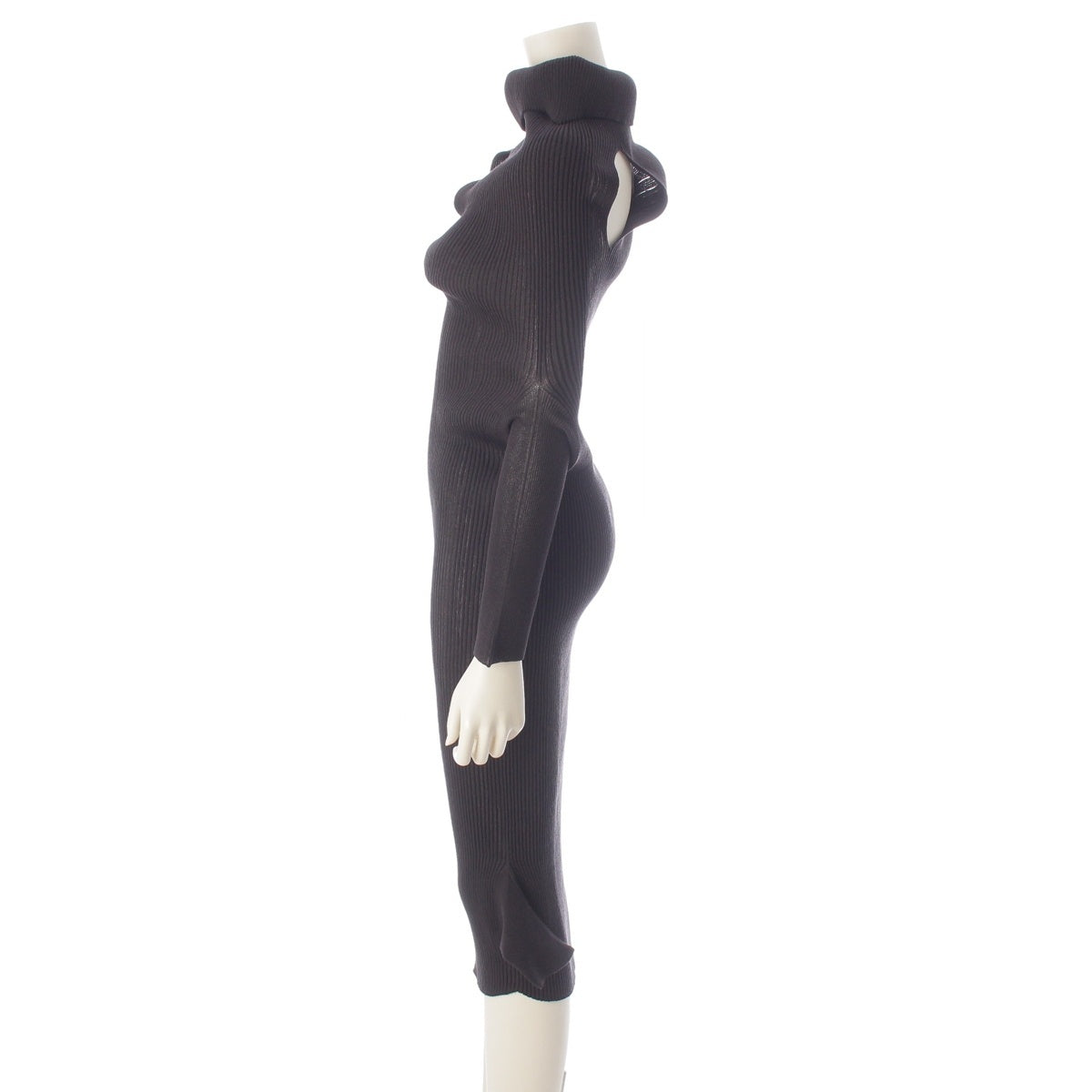Issey Miyake SS2026 Asymmetric High-Neck Rib Knit Dress with Shoulder Cut-Out IM61-KH792, Dark Brown, Size 2, view 3