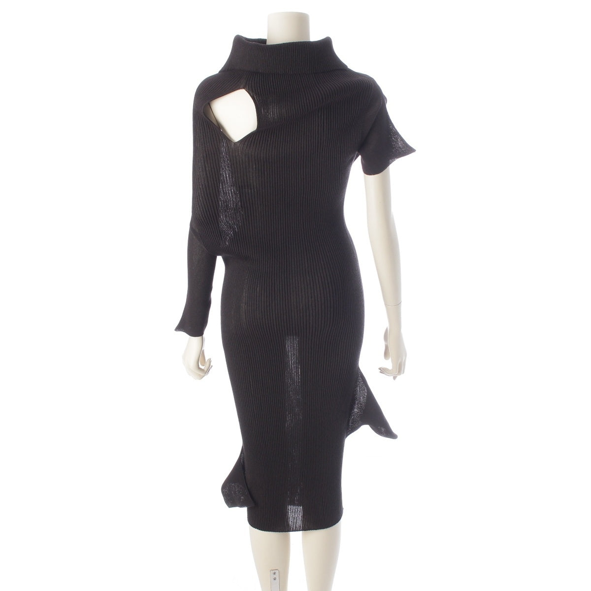 Issey Miyake SS2026 Asymmetric High-Neck Rib Knit Dress with Shoulder Cut-Out IM61-KH792, Dark Brown, Size 2, view 4