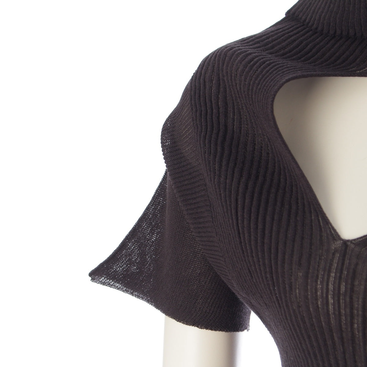 Issey Miyake SS2026 Asymmetric High-Neck Rib Knit Dress with Shoulder Cut-Out IM61-KH792, Dark Brown, Size 2, view 6