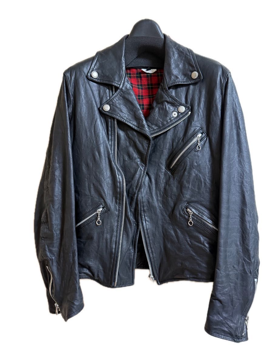 Junya Watanabe AW2014 Washed Cowhide Biker Jacket with Red Tartan Lining, Black, Size S, JN-J025, view 1