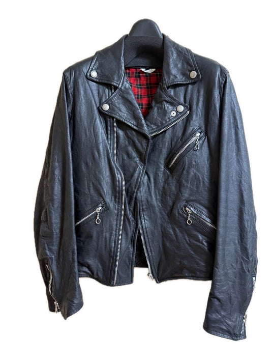 Junya Watanabe AW2014 Washed Cowhide Biker Jacket with Red Tartan Lining, Black, Size S, JN-J025, view 1