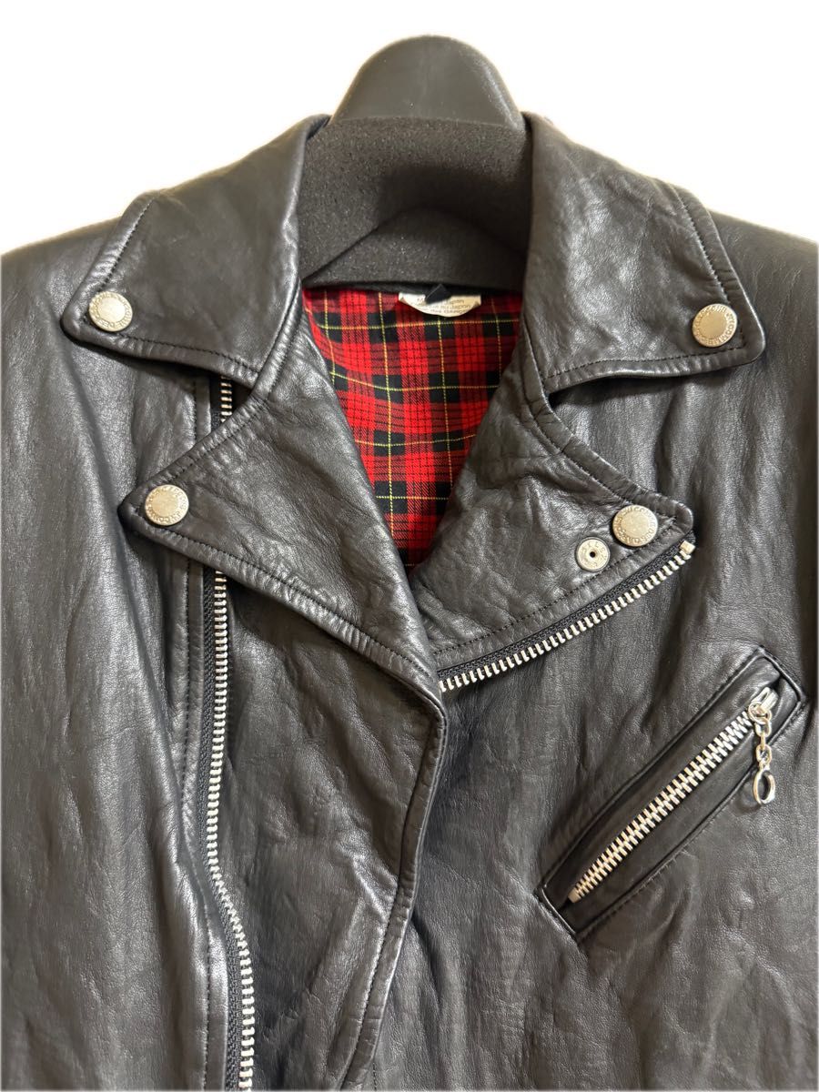 Junya Watanabe AW2014 Washed Cowhide Biker Jacket with Red Tartan Lining, Black, Size S, JN-J025, view 2