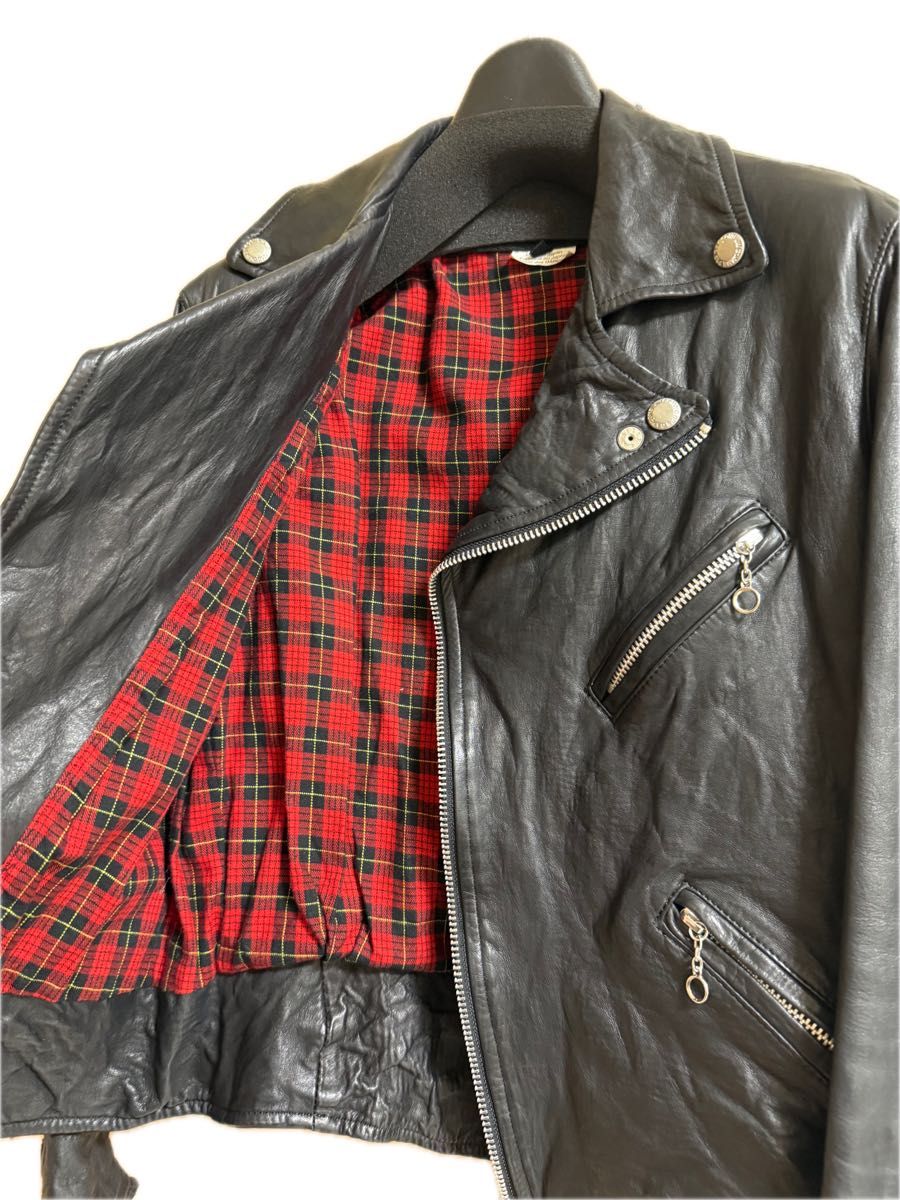 Junya Watanabe AW2014 Washed Cowhide Biker Jacket with Red Tartan Lining, Black, Size S, JN-J025, view 3