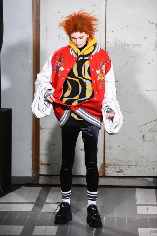 Junya Watanabe AW2019 Runway Varsity Jacket, Red Wool with Floral Embroidery, Ruched Leather Sleeves, Size XS, Unworn, view 1
