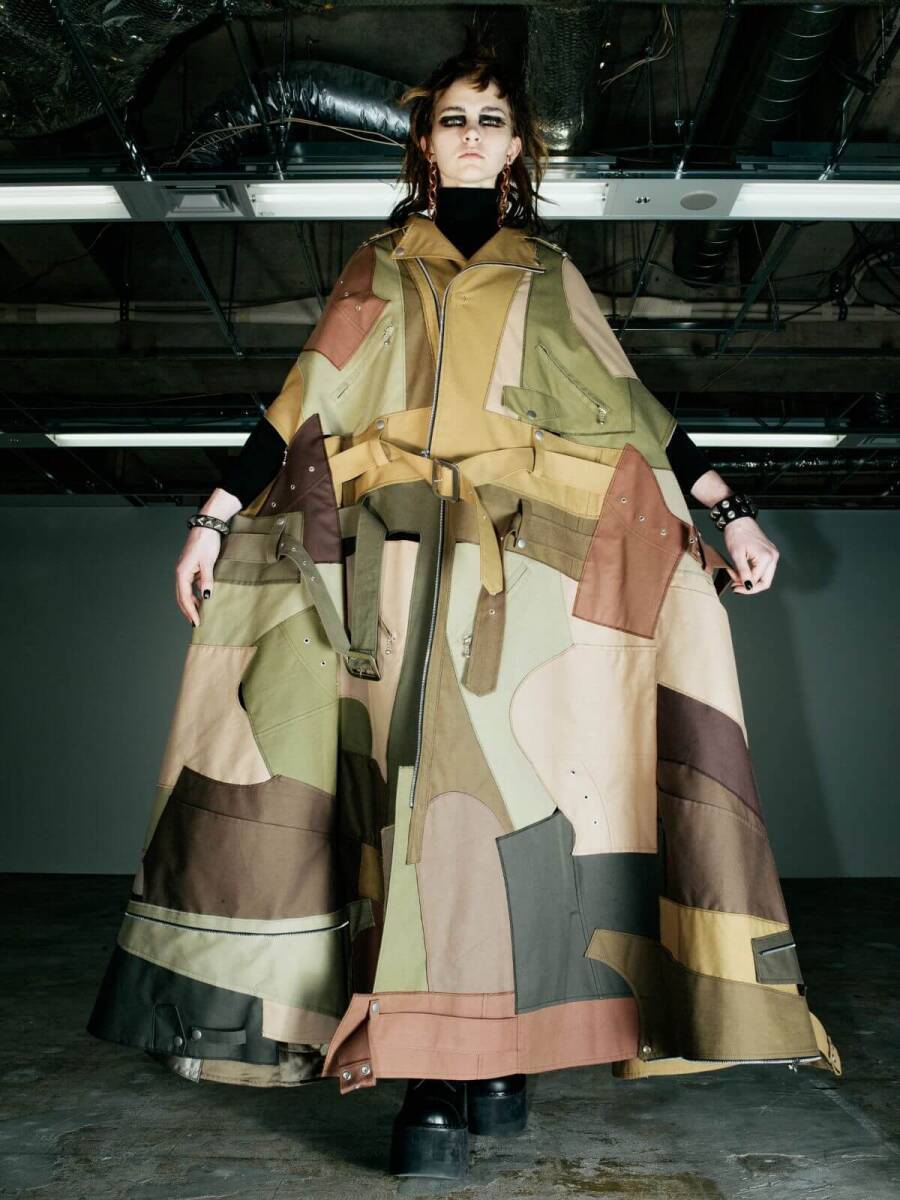 Junya Watanabe AW2022 Runway Patchwork Biker Poncho Coat, Upcycled Military Cotton, Khaki Multi, Size XS, view 1