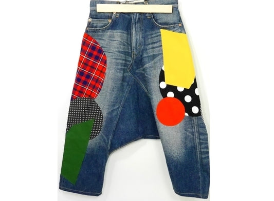 Junya Watanabe Comme des Garçons Denim Patchwork Sarouel Jeans with Dots and Tartan, Deadstock, Size M, view 1