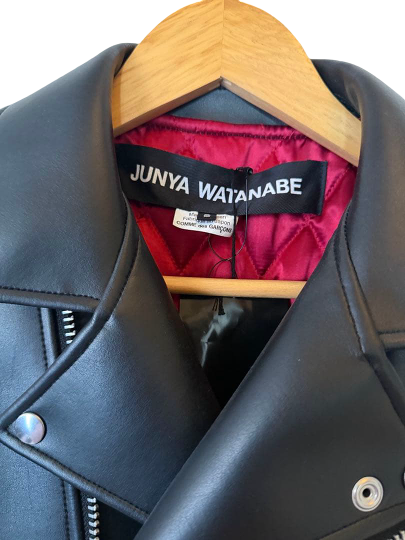 Junya Watanabe × Dr. Martens faux leather rider jacket JP-J102, black – Junya Watanabe neck label and red quilted lining
