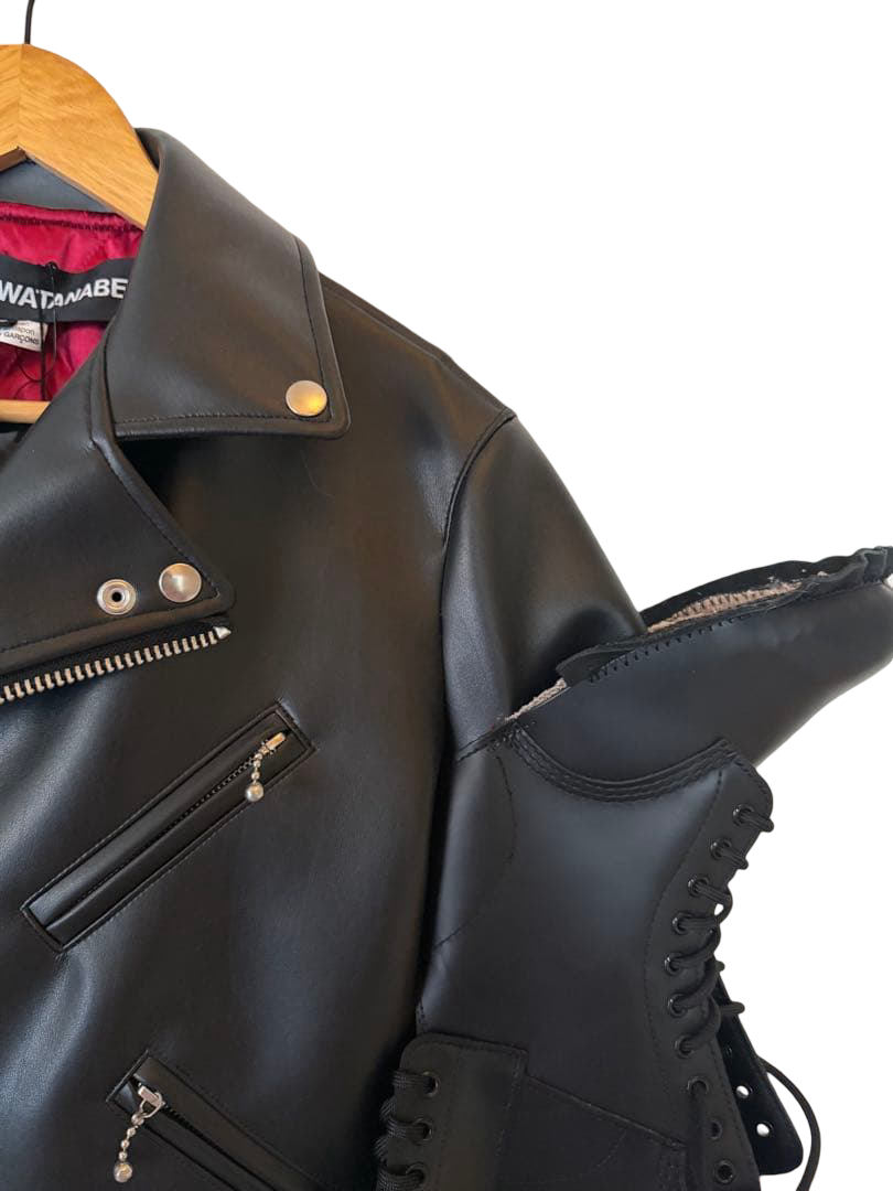 Junya Watanabe × Dr. Martens faux leather rider jacket JP-J102, black – asymmetric zip front, lapel and press studs