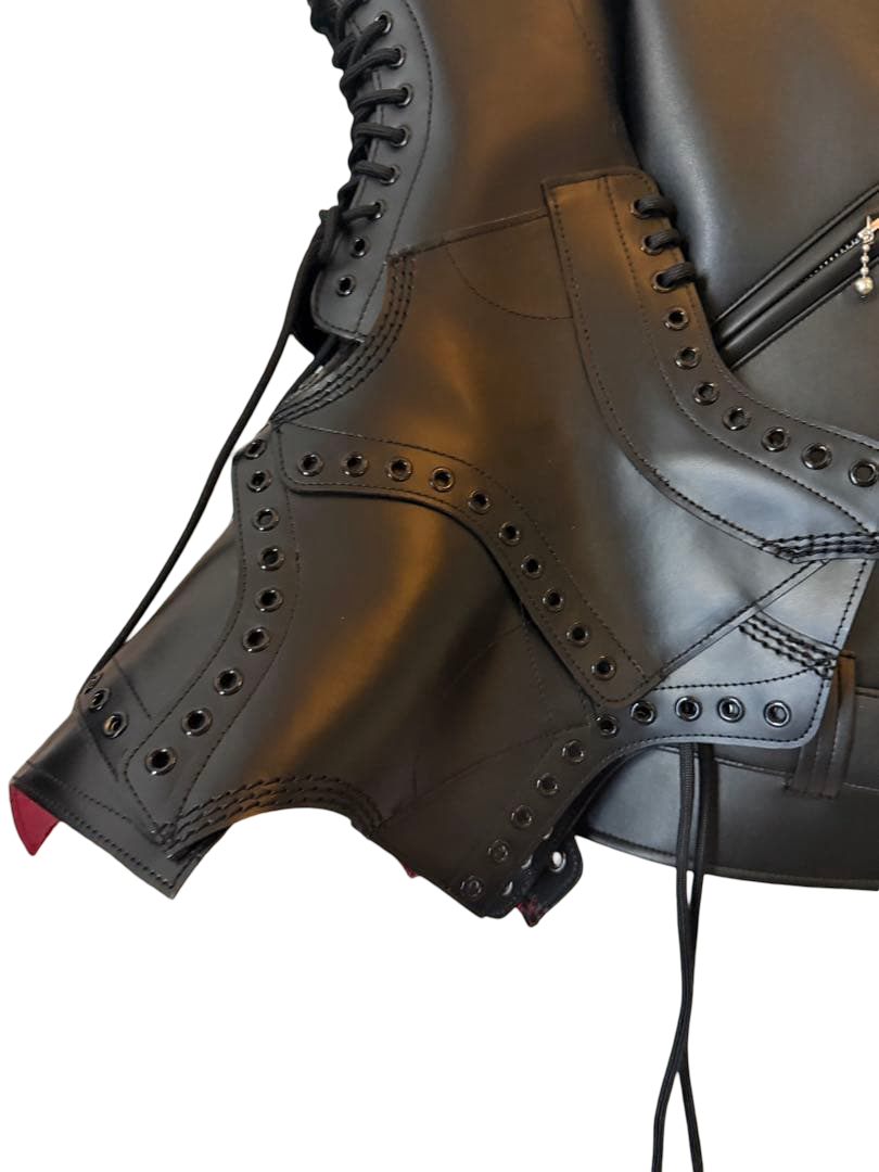 Junya Watanabe × Dr. Martens faux leather rider jacket JP-J102, black – Dr. Martens boot sleeve with eyelets and laces
