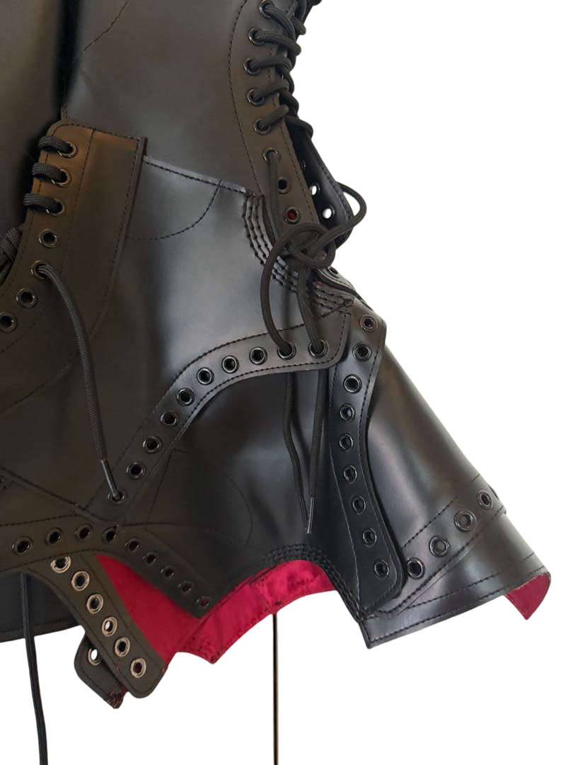 Junya Watanabe × Dr. Martens faux leather rider jacket JP-J102, black – boot sleeve cuff detail, eyelets and red lining