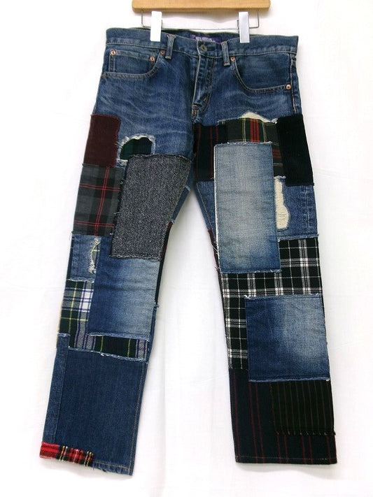 Junya Watanabe MAN AD2014 Patchwork Denim Jeans, Tartan and Wool Panels, WN-P010, Size XS, view 1