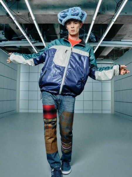 Junya Watanabe MAN x Levi’s x Pendleton 503 Patchwork Jeans with Serape Pockets, Washed Indigo, Size M, view 1